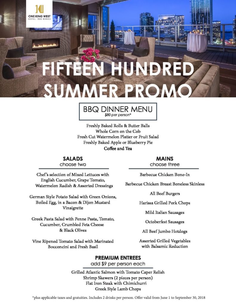 1500 Summer Promo BBQ Menu One King West Hotel Residence